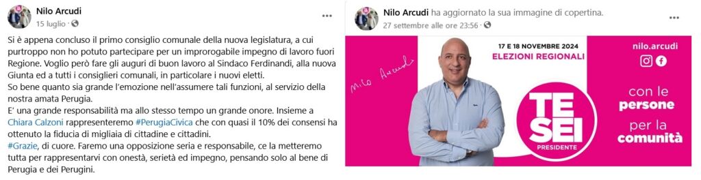 Due post del consigliere comunale di Perugia, Nilo Arcudi