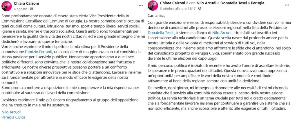 Due post della consigliera comunale di Perugia, Chiara Calzoni