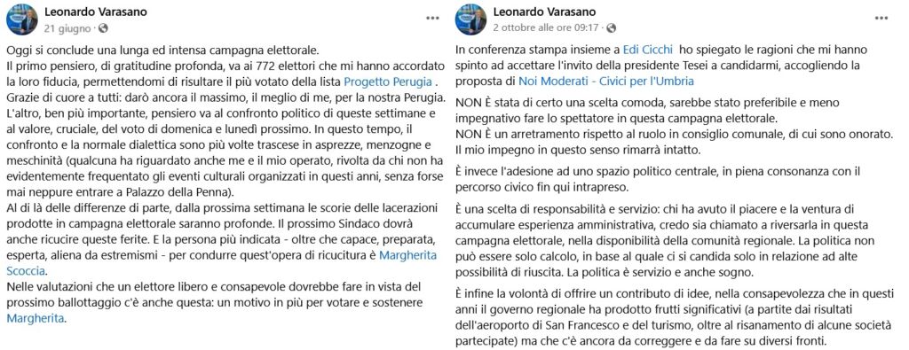 Due post del consigliere comunale di Perugia Leonardo Varasano